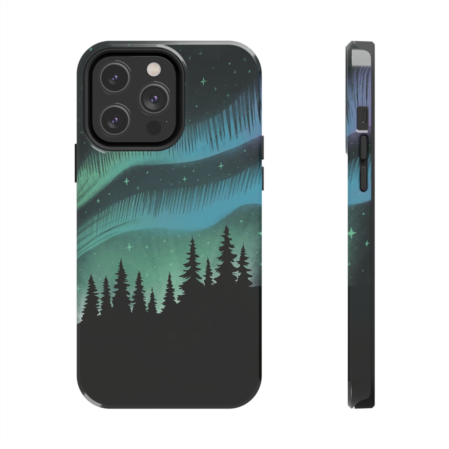 Aurora Borealis phone case with hand-drawn Northern Lights and pine tree illustration by Jordan Kempain for iPhone 14 Pro Max.