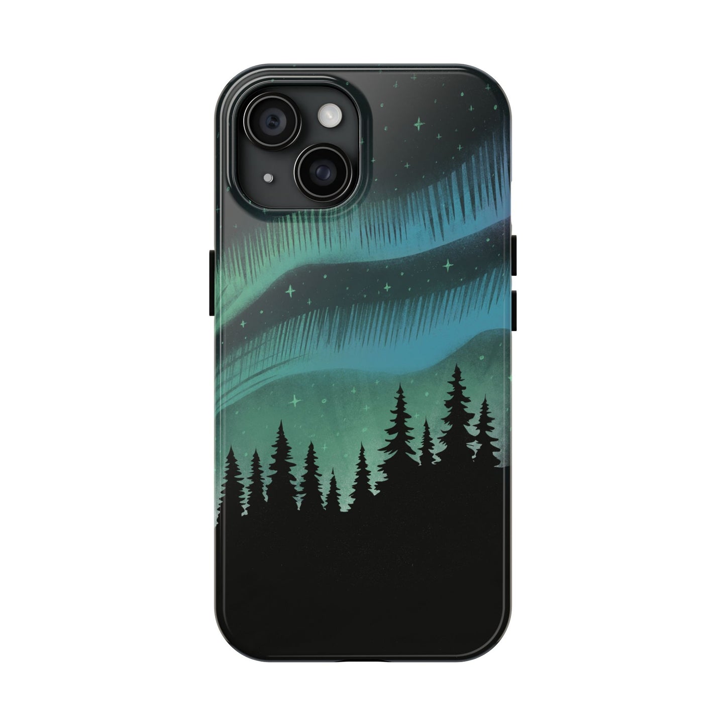 Aurora Borealis phone case with hand-drawn Northern Lights and pine tree illustration by Jordan Kempain for iPhone 15.