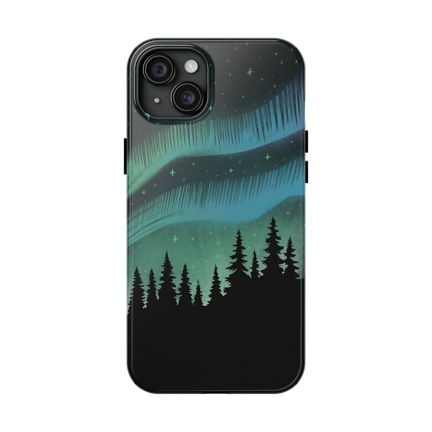 Aurora Borealis phone case with hand-drawn Northern Lights and pine tree illustration by Jordan Kempain for iPhone 15 Plus.