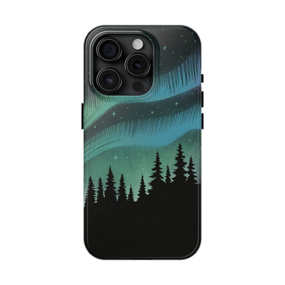 Aurora Borealis phone case with hand-drawn Northern Lights and pine tree illustration by Jordan Kempain for iPhone 15 Pro.