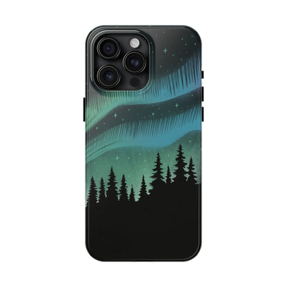 Aurora Borealis phone case with hand-drawn Northern Lights and pine tree illustration by Jordan Kempain for iPhone 15 Pro Max.