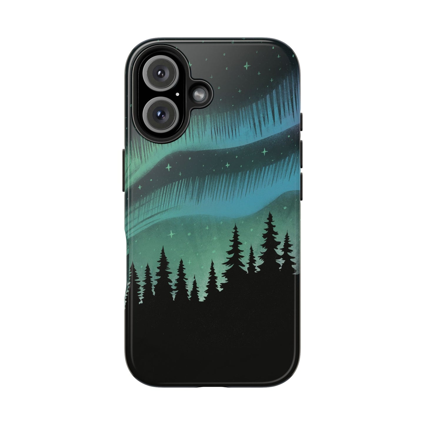 Aurora Borealis phone case with hand-drawn Northern Lights and pine tree illustration by Jordan Kempain for iPhone 16.