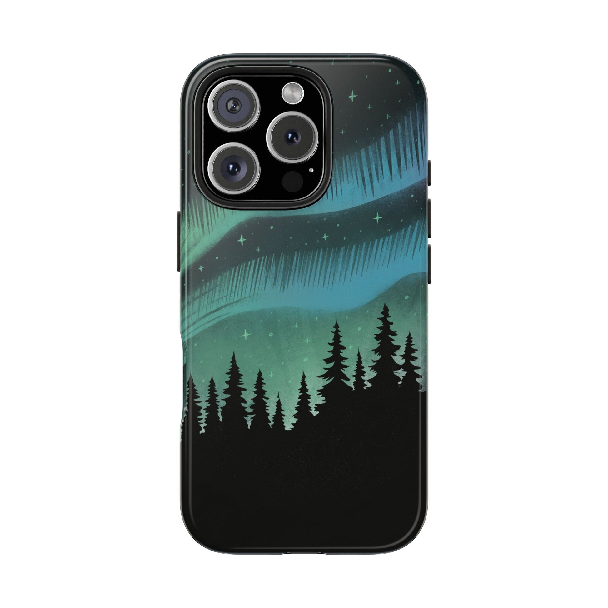 Aurora Borealis phone case with hand-drawn Northern Lights and pine tree illustration by Jordan Kempain for iPhone 16 Pro.