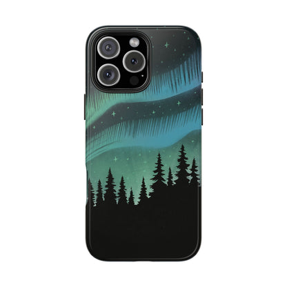 Aurora Borealis phone case with hand-drawn Northern Lights and pine tree illustration by Jordan Kempain for iPhone 16 Pro Max.