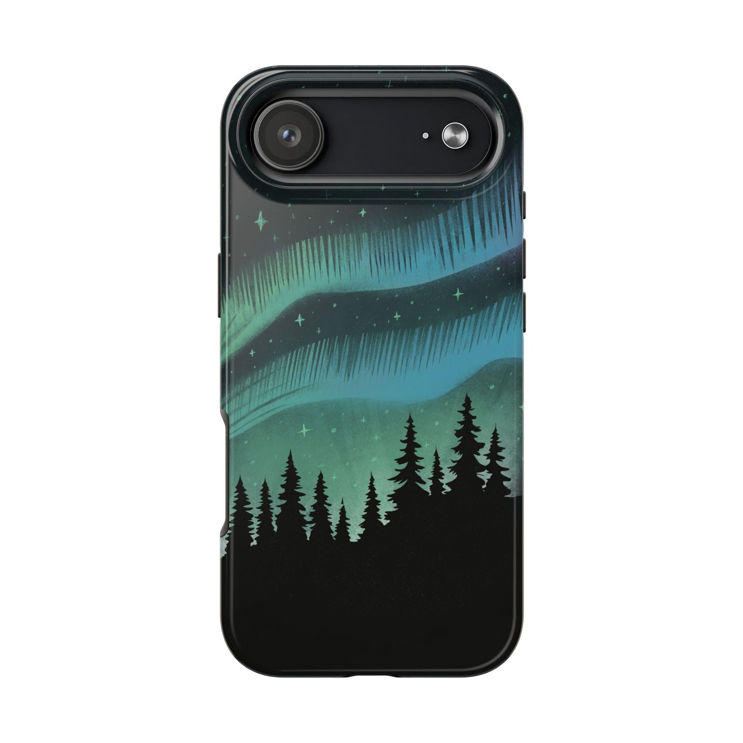 Aurora Borealis phone case with hand-drawn Northern Lights and pine tree illustration by Jordan Kempain for iPhone 17 Air.