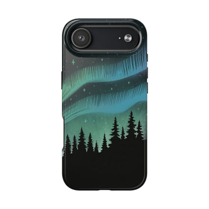 Aurora Borealis phone case with hand-drawn Northern Lights and pine tree illustration by Jordan Kempain for iPhone 17 Air.