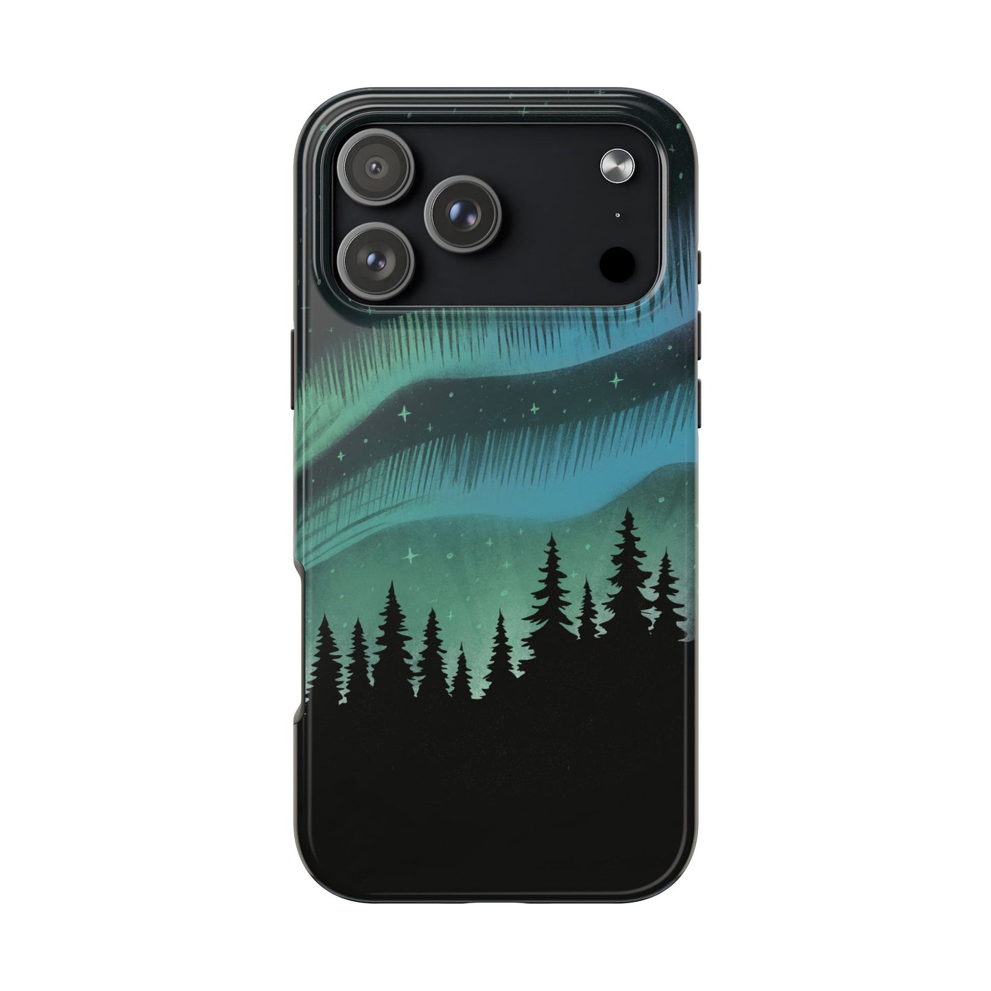 Aurora Borealis phone case with hand-drawn Northern Lights and pine tree illustration by Jordan Kempain for iPhone 17.