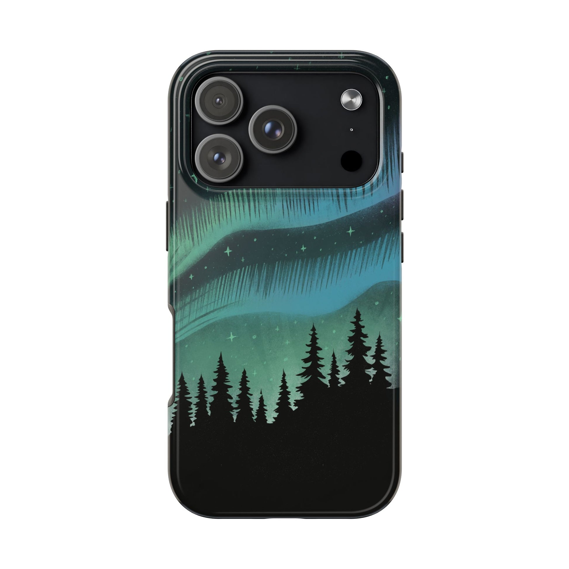 Aurora Borealis phone case with hand-drawn Northern Lights and pine tree illustration by Jordan Kempain for iPhone 17 Pro.