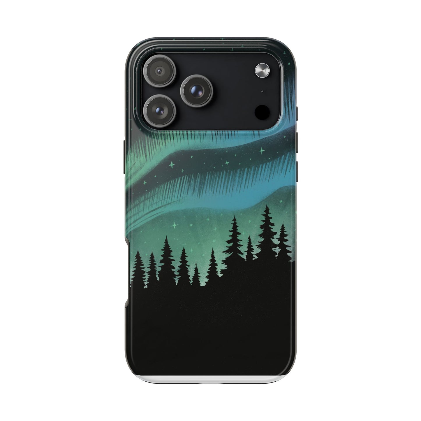 Aurora Borealis phone case with hand-drawn Northern Lights and pine tree illustration by Jordan Kempain for iPhone 17 Pro Max.