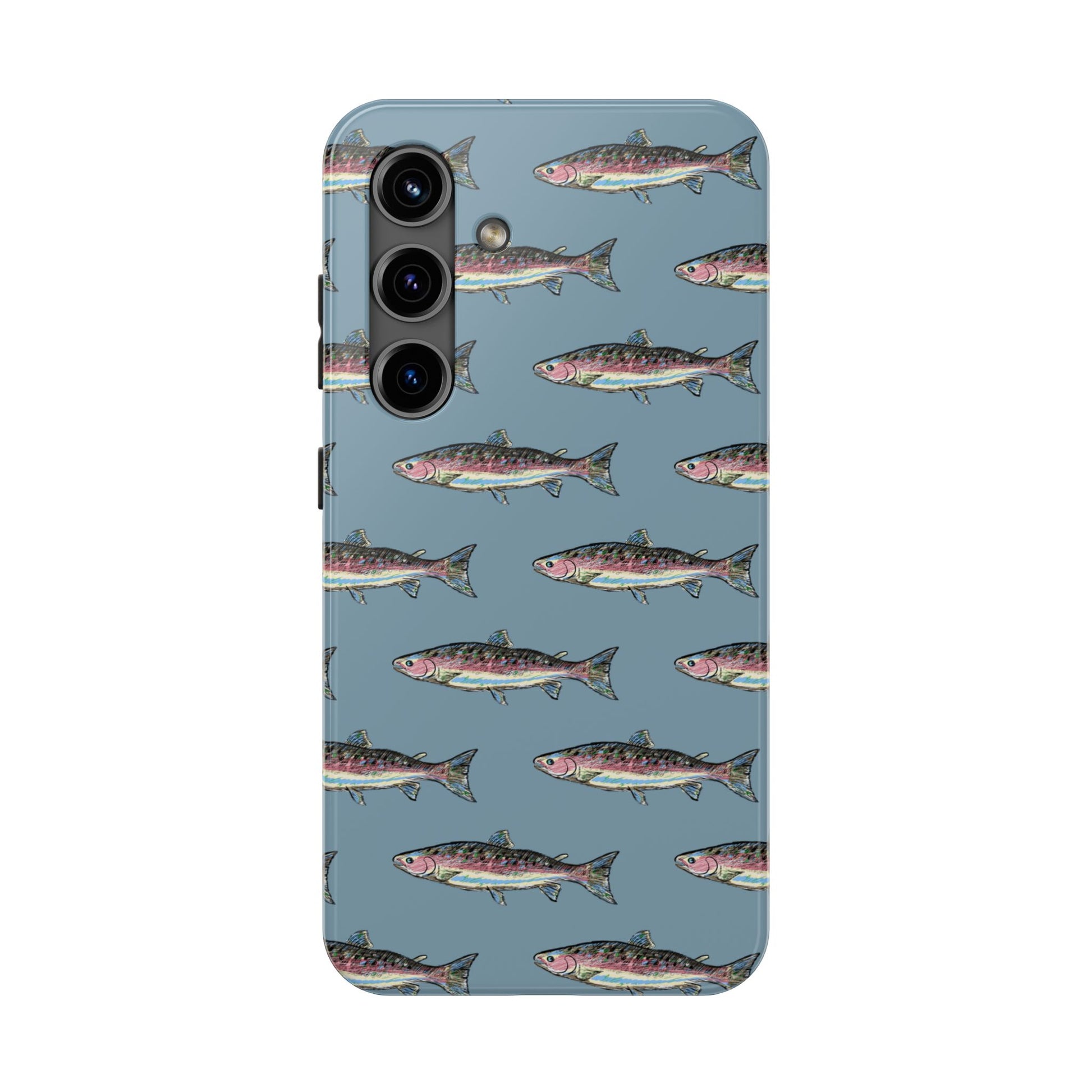 The Rainbow Trout Phone Case featuring illustrated rainbow trout pattern Kempain Samsung Galaxy S24.