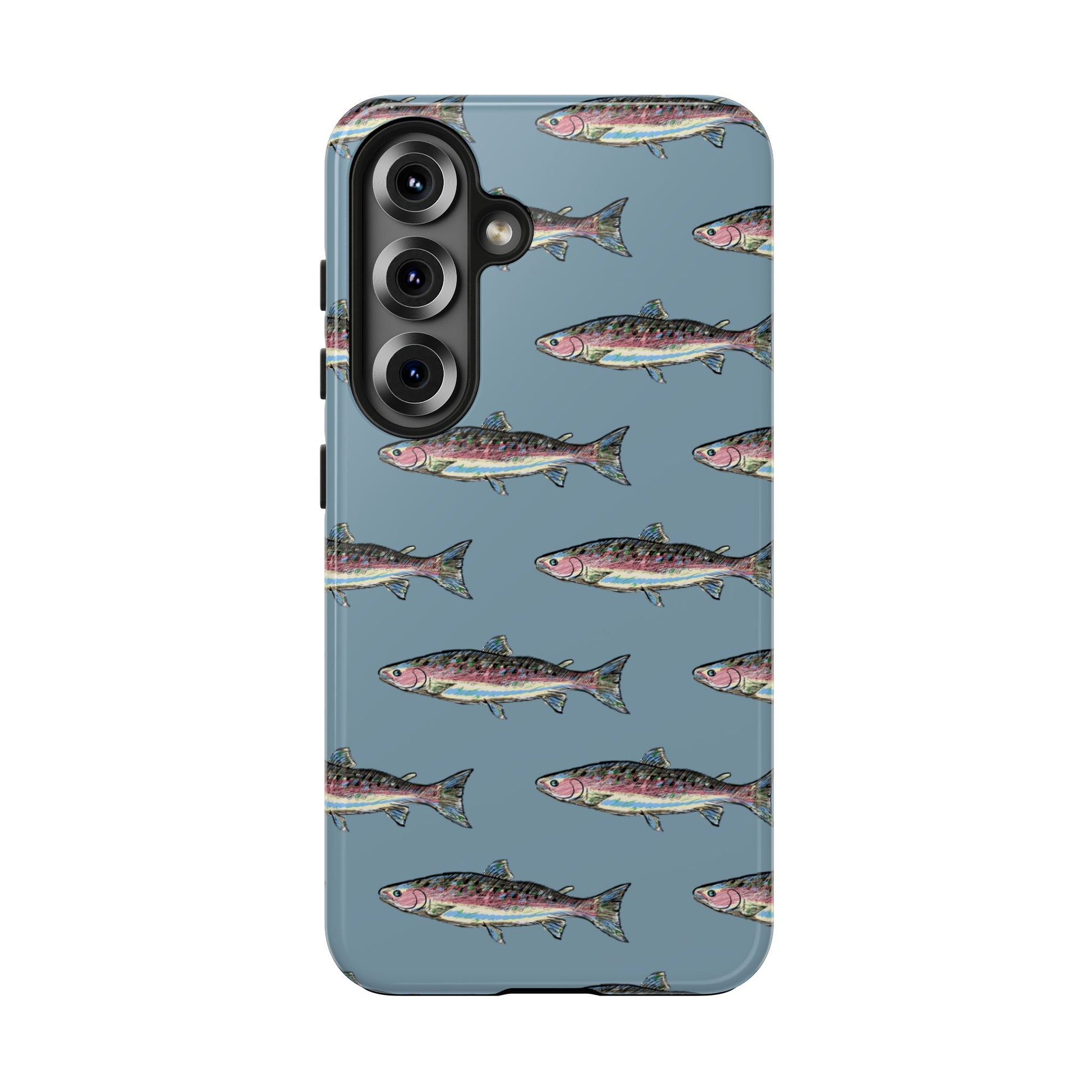 The Rainbow Trout Phone Case featuring illustrated rainbow trout pattern Kempain Samsung Galaxy S25.