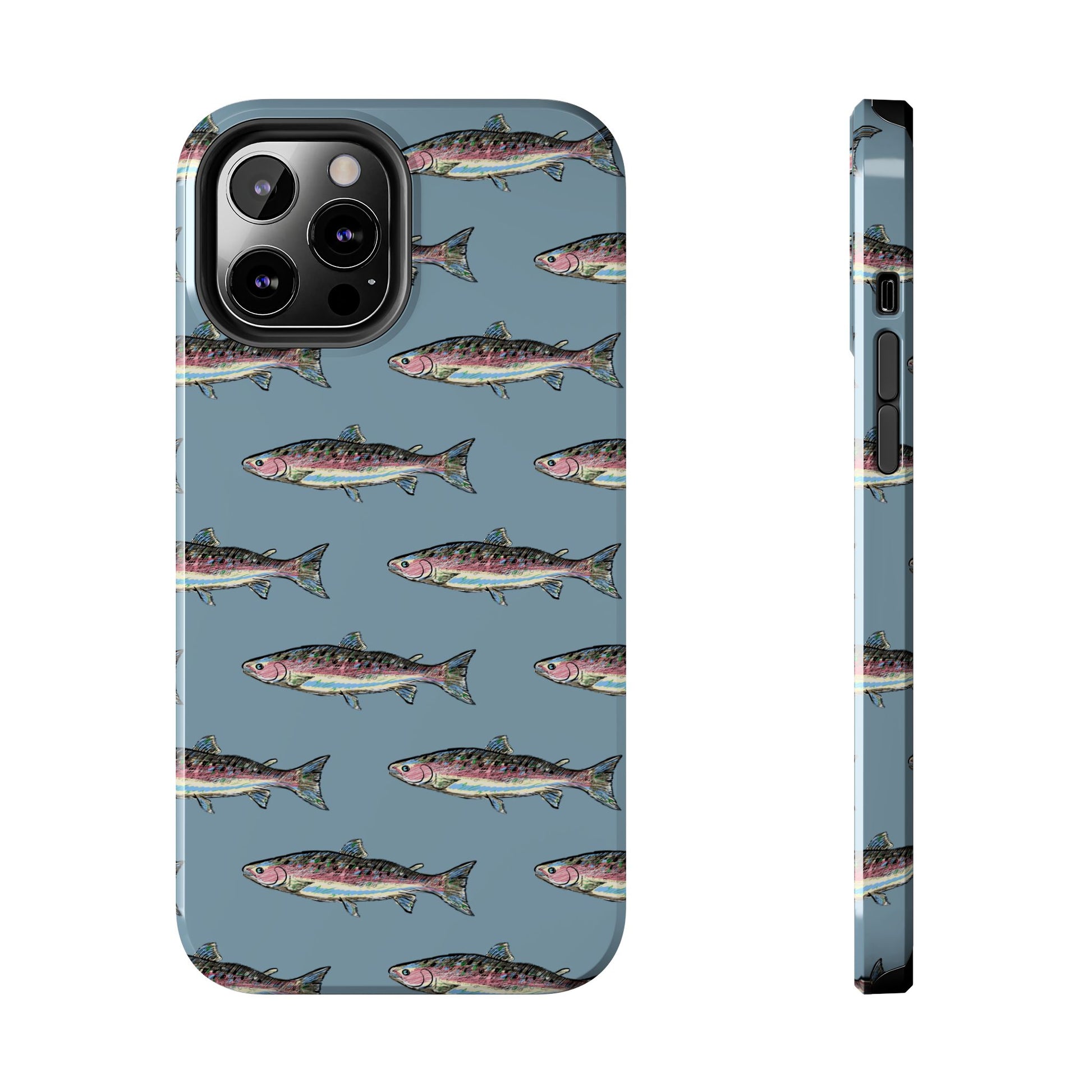 The Rainbow Trout Phone Case featuring illustrated rainbow trout pattern Kempain iPhone 12 Pro Max.