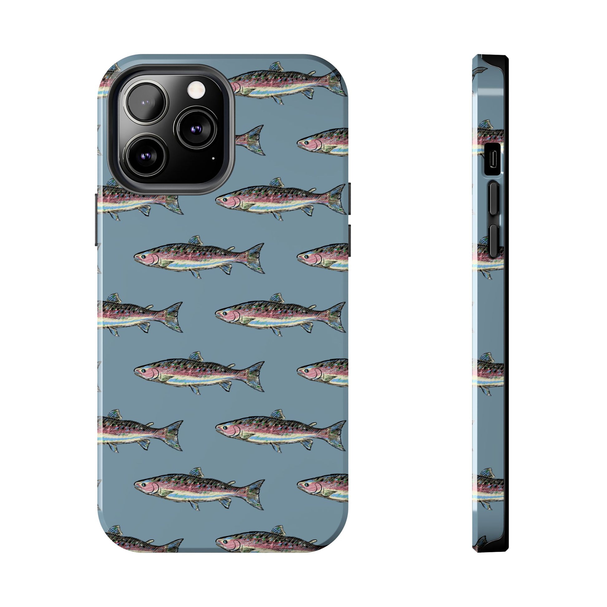 The Rainbow Trout Phone Case featuring illustrated rainbow trout pattern Kempain iPhone 13 Pro Max.