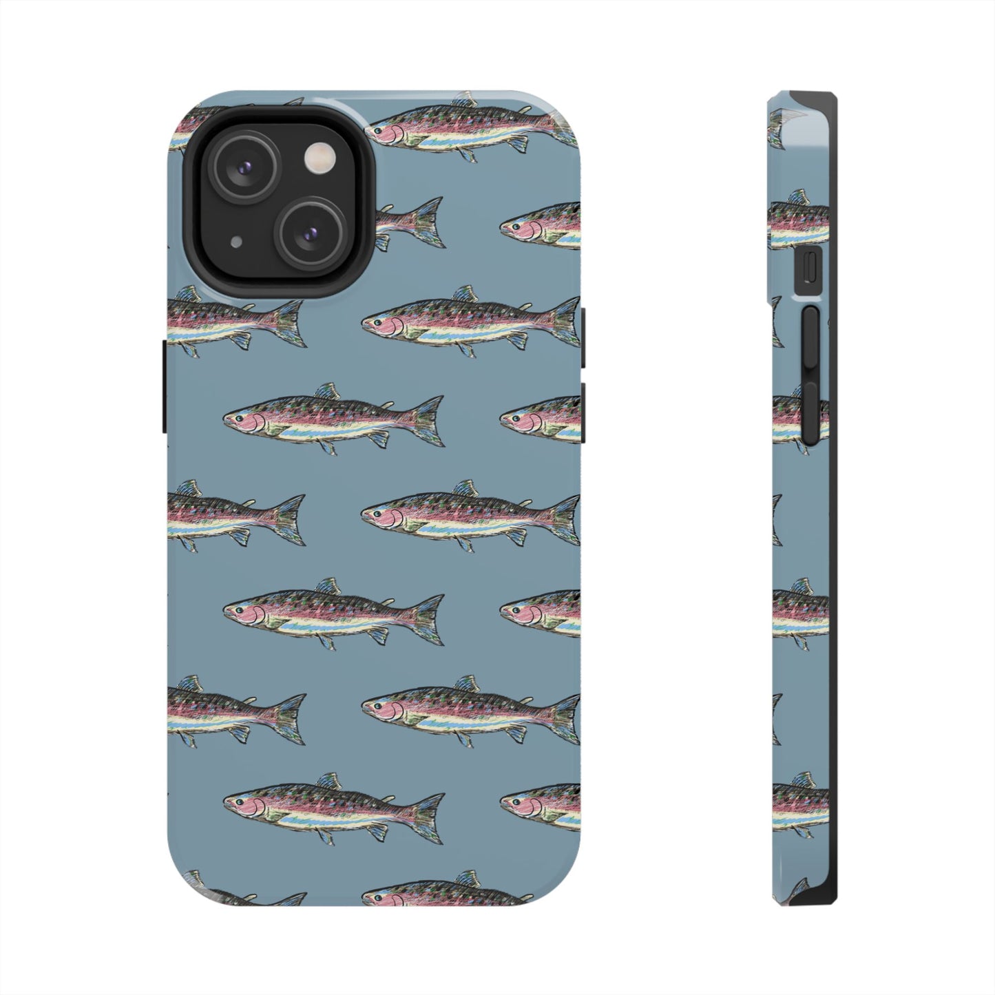 The Rainbow Trout Phone Case featuring illustrated rainbow trout pattern Kempain iPhone 14.