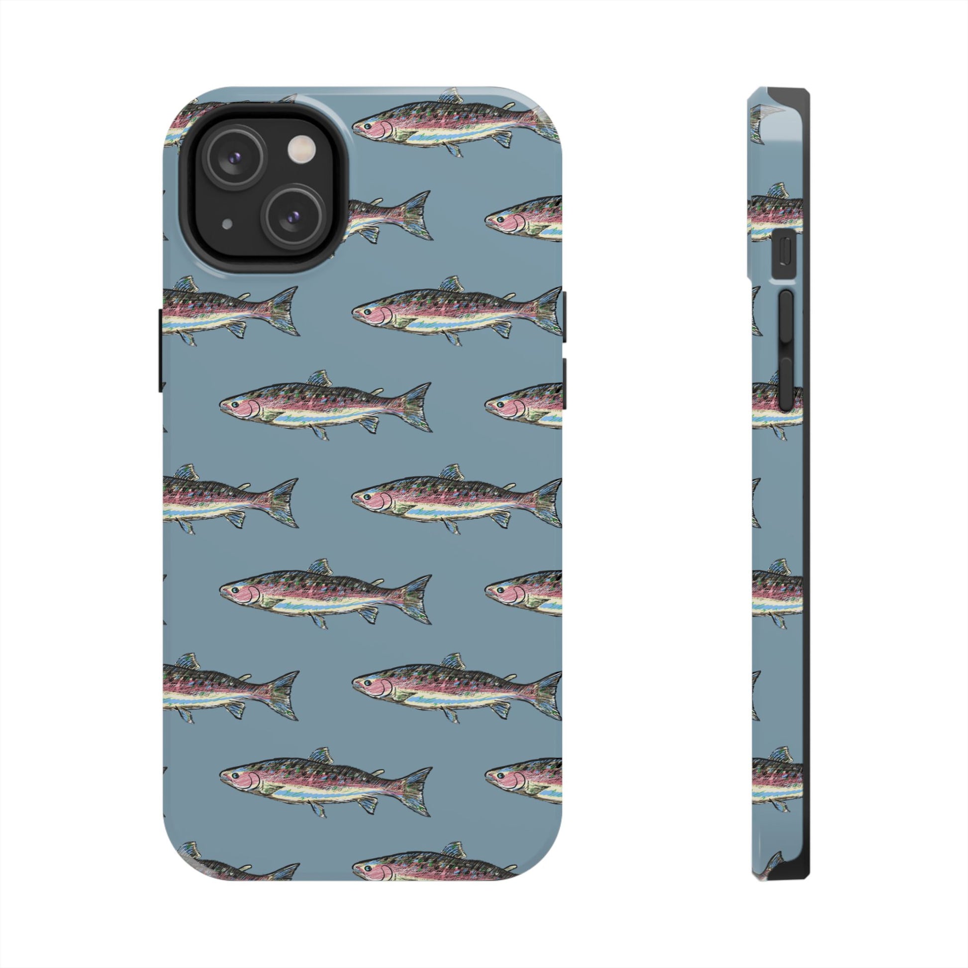 The Rainbow Trout Phone Case featuring illustrated rainbow trout pattern Kempain iPhone 14 Plus.