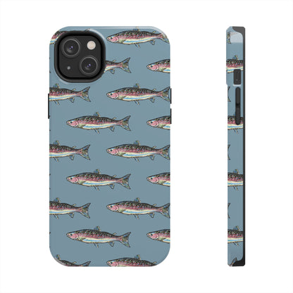 The Rainbow Trout Phone Case featuring illustrated rainbow trout pattern Kempain iPhone 14 Plus.