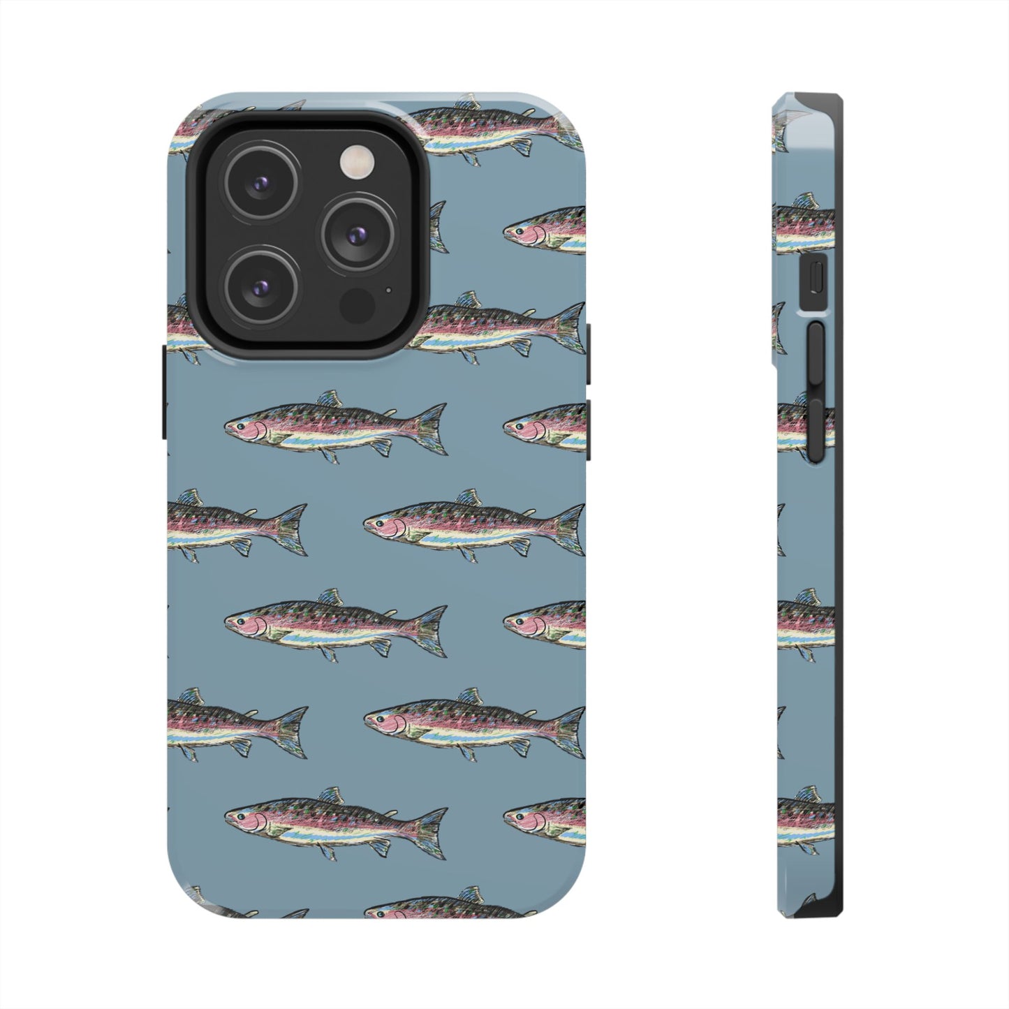 The Rainbow Trout Phone Case featuring illustrated rainbow trout pattern Kempain iPhone 14 Pro.