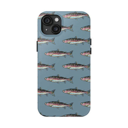 The Rainbow Trout Phone Case featuring illustrated rainbow trout pattern Kempain iPhone 15 Plus.