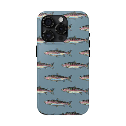 The Rainbow Trout Phone Case featuring illustrated rainbow trout pattern Kempain iPhone 15 Pro.