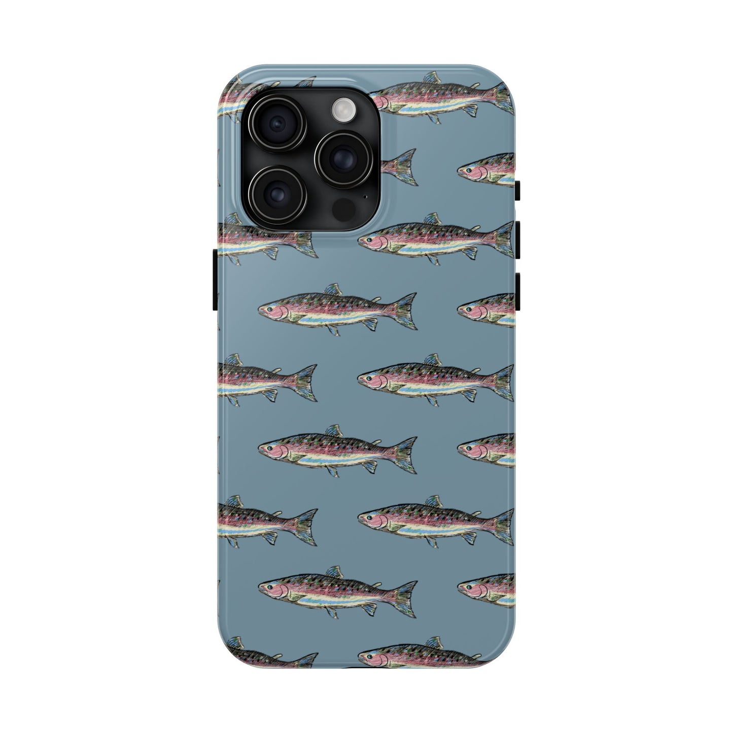 The Rainbow Trout Phone Case featuring illustrated rainbow trout pattern Kempain iPhone 15 Pro Max.