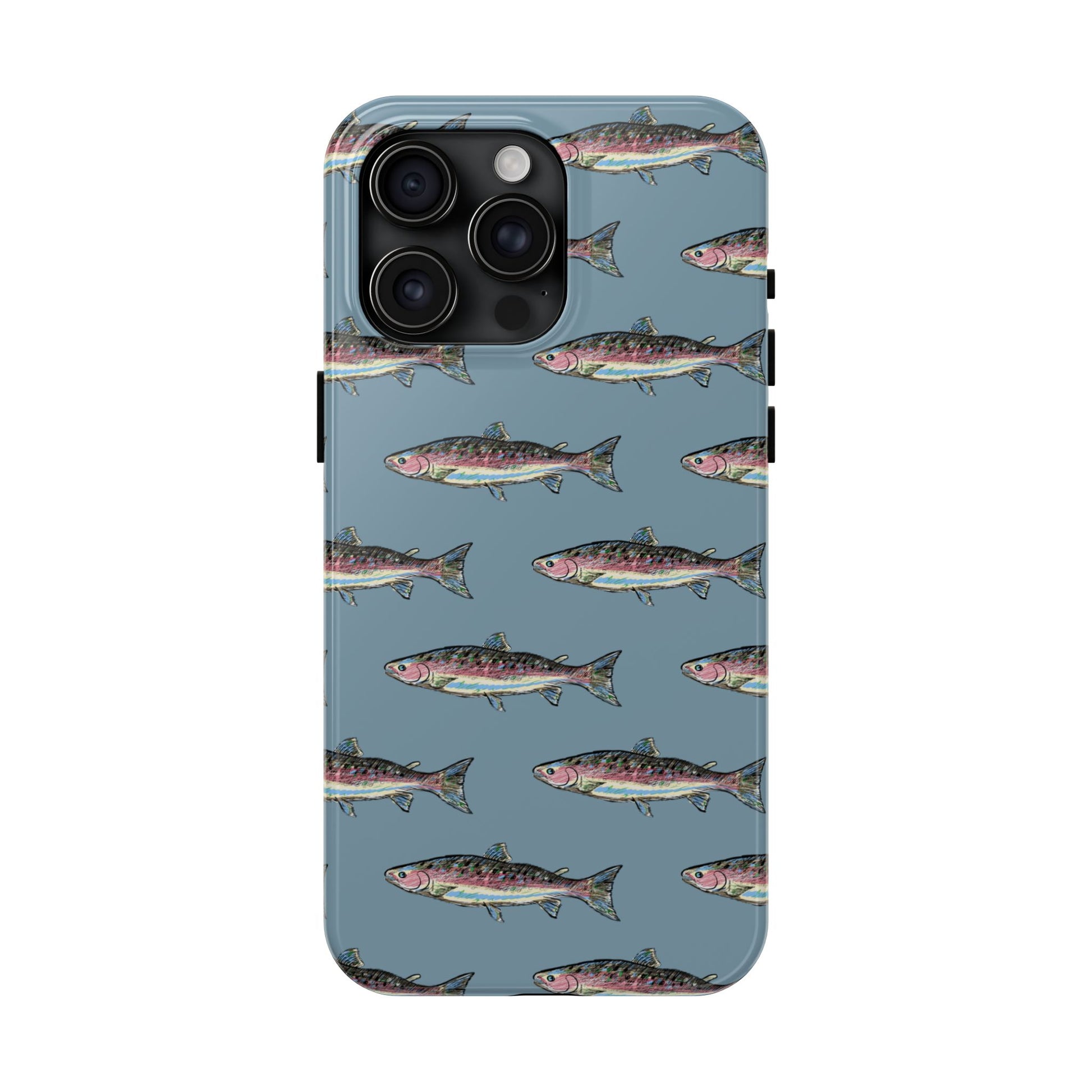 The Rainbow Trout Phone Case featuring illustrated rainbow trout pattern Kempain iPhone 15 Pro Max.