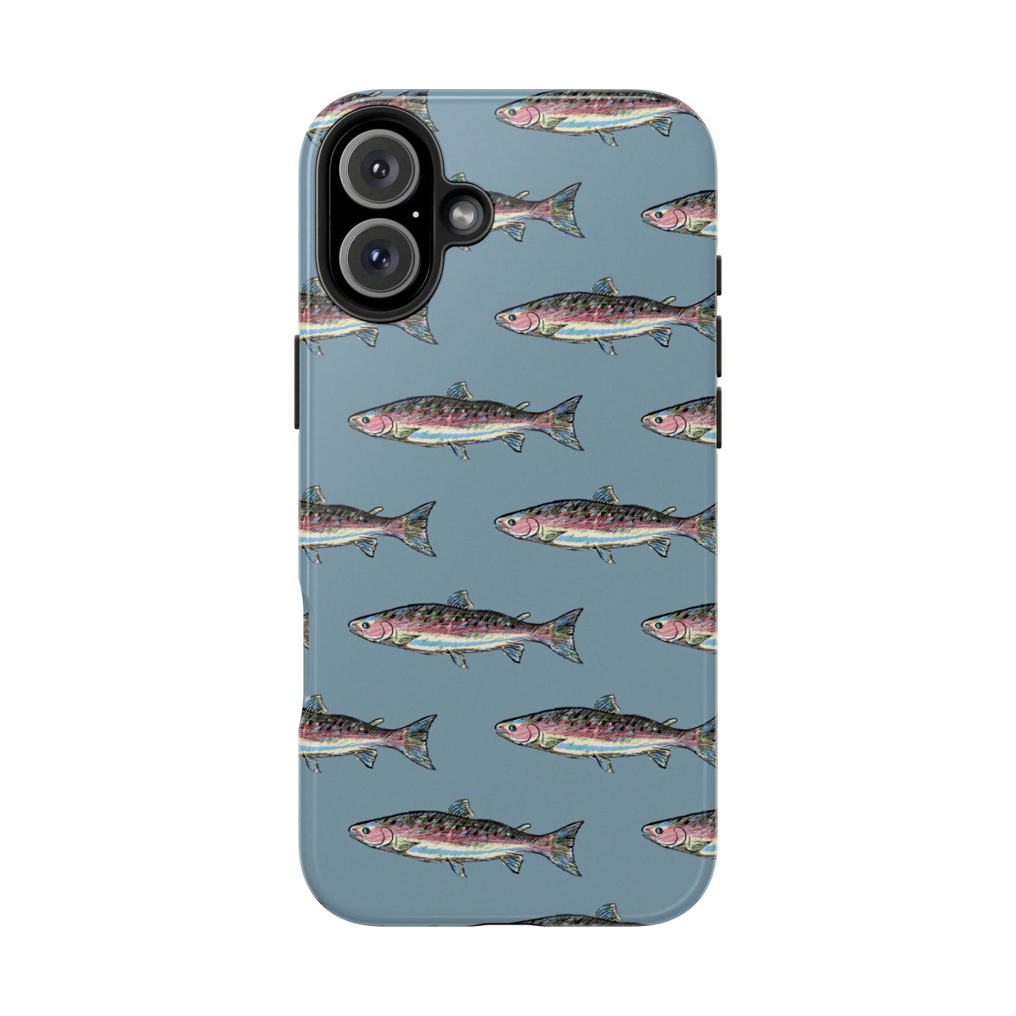 The Rainbow Trout Phone Case featuring illustrated rainbow trout pattern Kempain iPhone 16 Plus.