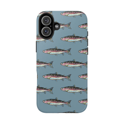 The Rainbow Trout Phone Case featuring illustrated rainbow trout pattern Kempain iPhone 16 Plus.