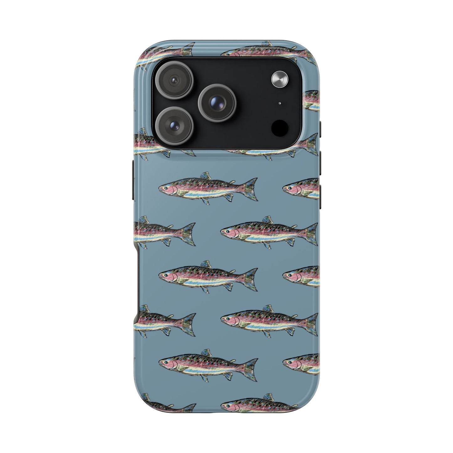 The Rainbow Trout Phone Case featuring illustrated rainbow trout pattern Kempain iPhone 17 Pro.