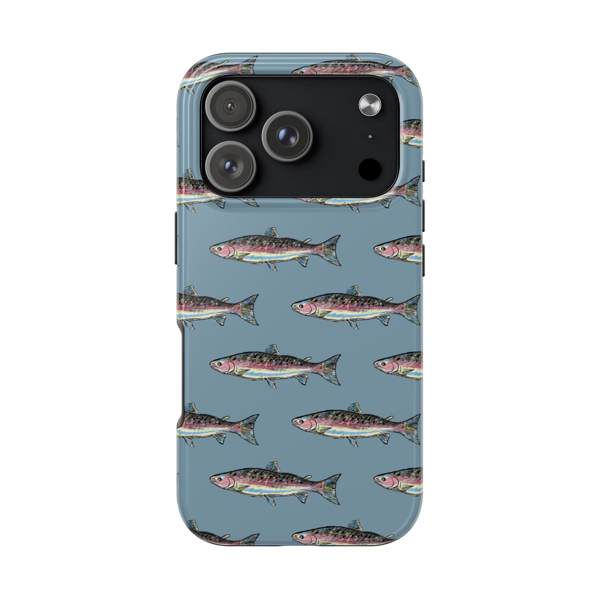The Rainbow Trout Phone Case featuring illustrated rainbow trout pattern Kempain iPhone 17 Pro.