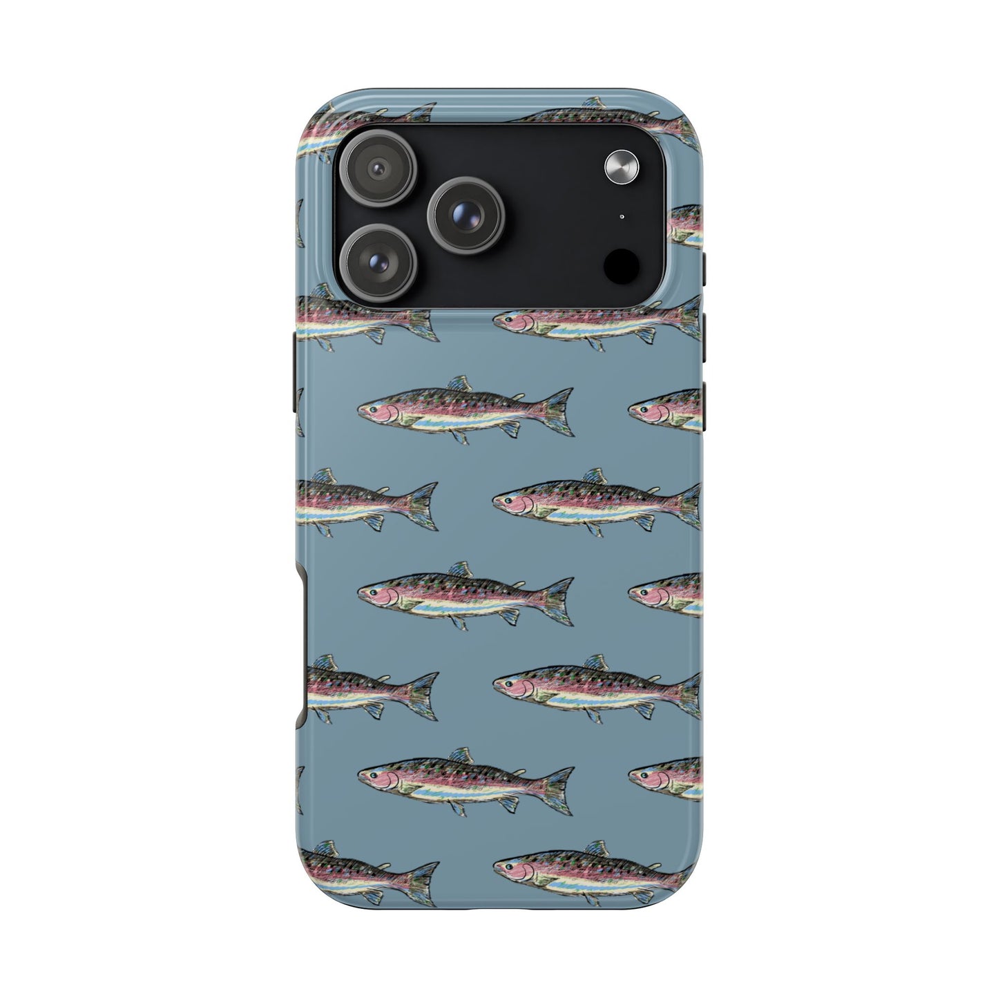 The Rainbow Trout Phone Case featuring illustrated rainbow trout pattern Kempain iPhone 17 Pro Max.