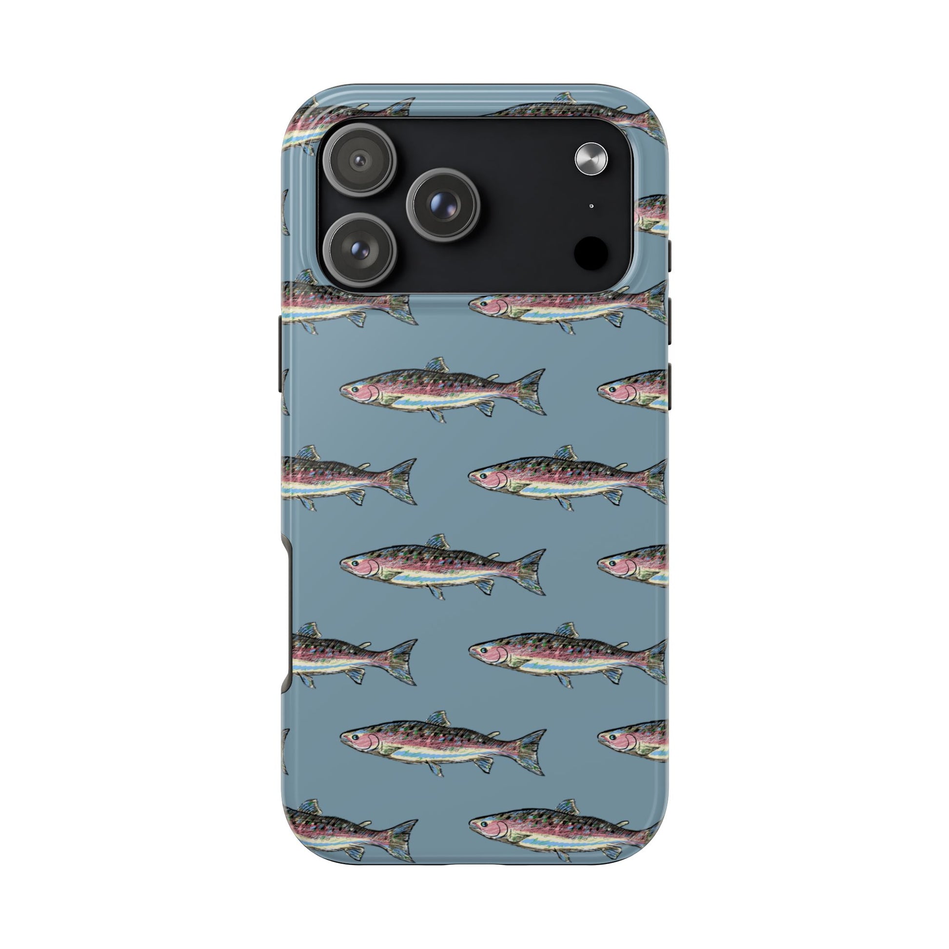 The Rainbow Trout Phone Case featuring illustrated rainbow trout pattern Kempain iPhone 17 Pro Max.