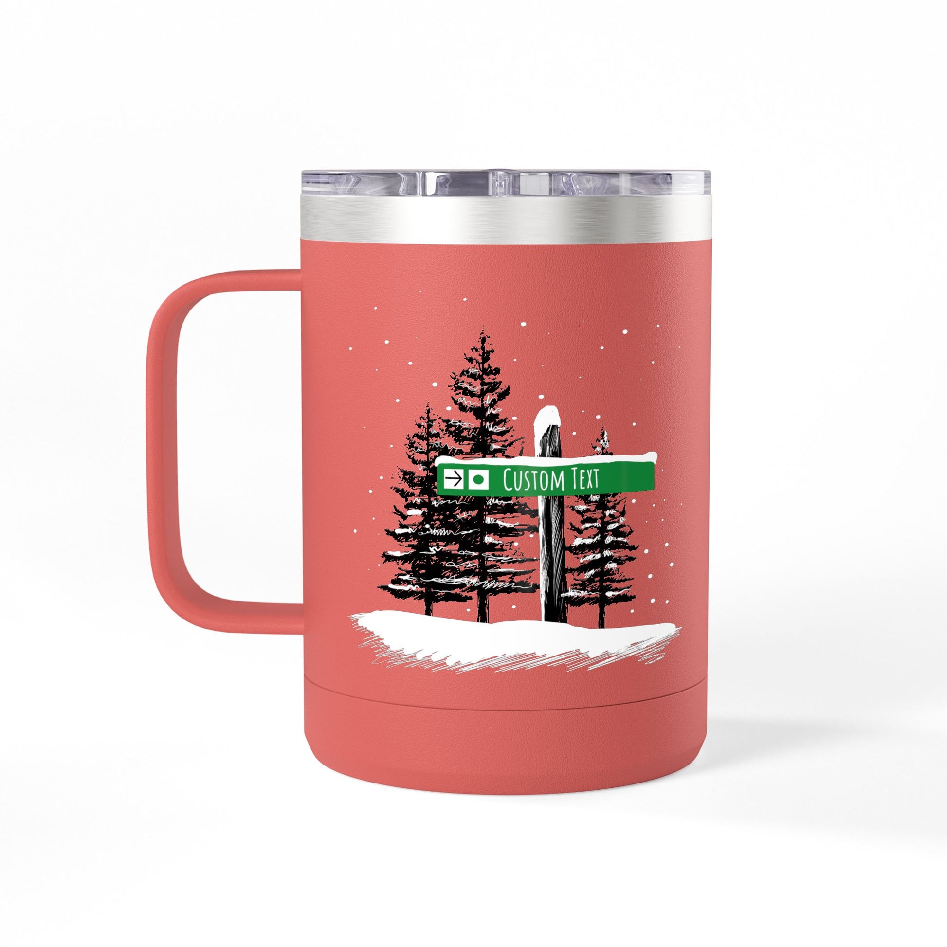 Custom Ski Trail Signpost Commissioned 15oz Tumbler for Skiers and Snowboarders, Original Artwork by Jordan Kempain Beginner (Green Circle) Coral | Kempain