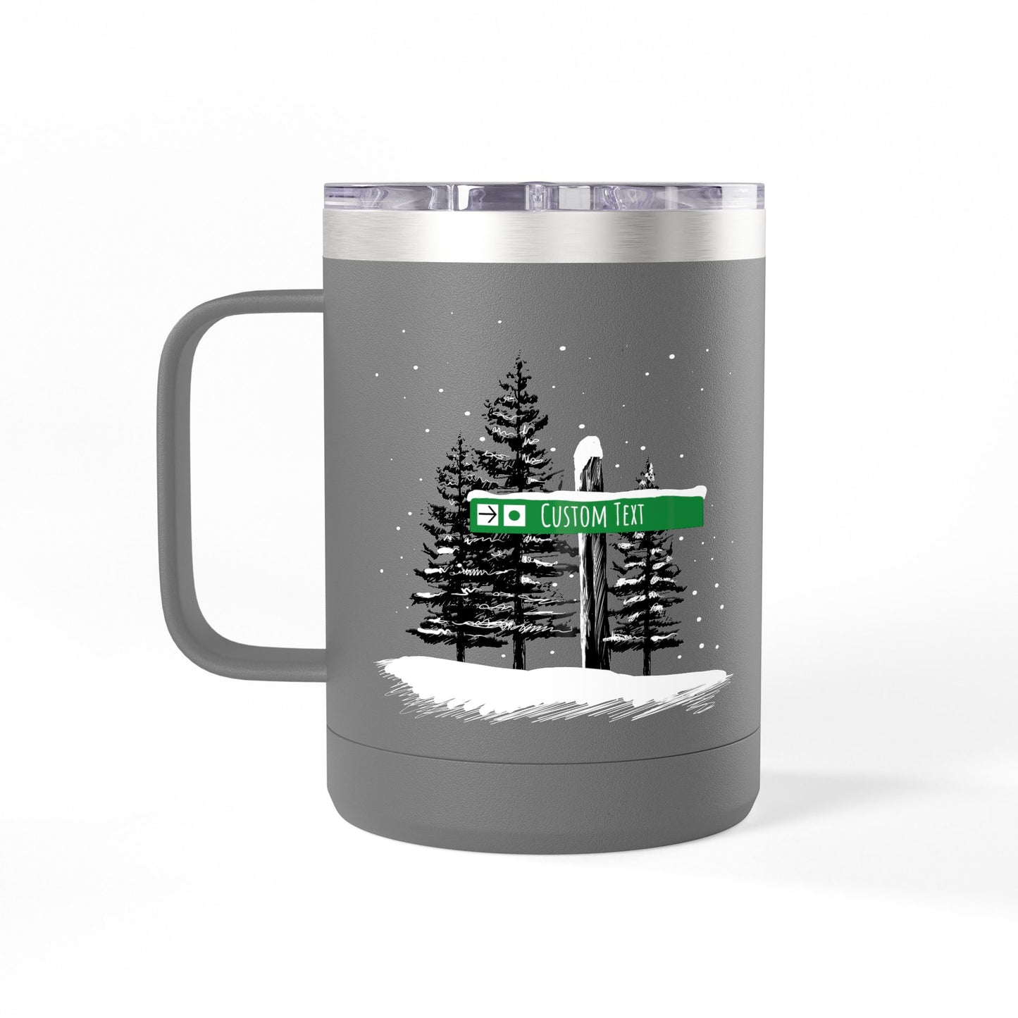Custom Ski Trail Signpost Commissioned 15oz Tumbler for Skiers and Snowboarders, Original Artwork by Jordan Kempain Beginner (Green Circle) Dark Gray | Kempain