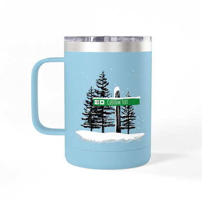 Custom Ski Trail Signpost Commissioned 15oz Tumbler for Skiers and Snowboarders, Original Artwork by Jordan Kempain Beginner (Green Circle) Light Blue | Kempain