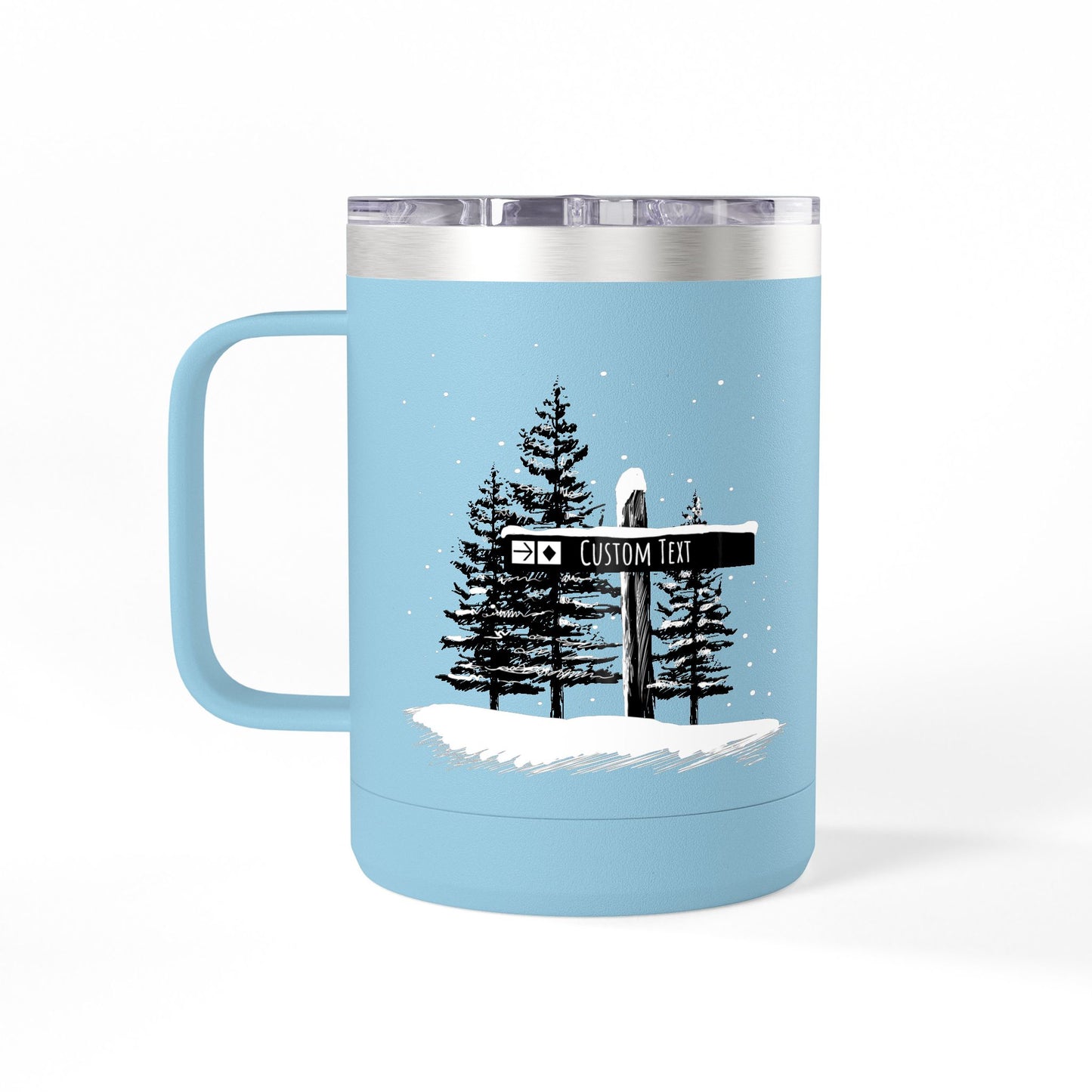 Custom Ski Trail Signpost Commissioned 15oz Tumbler for Skiers and Snowboarders, Original Artwork by Jordan Kempain Expert (Black Diamond) Light Blue | Kempain