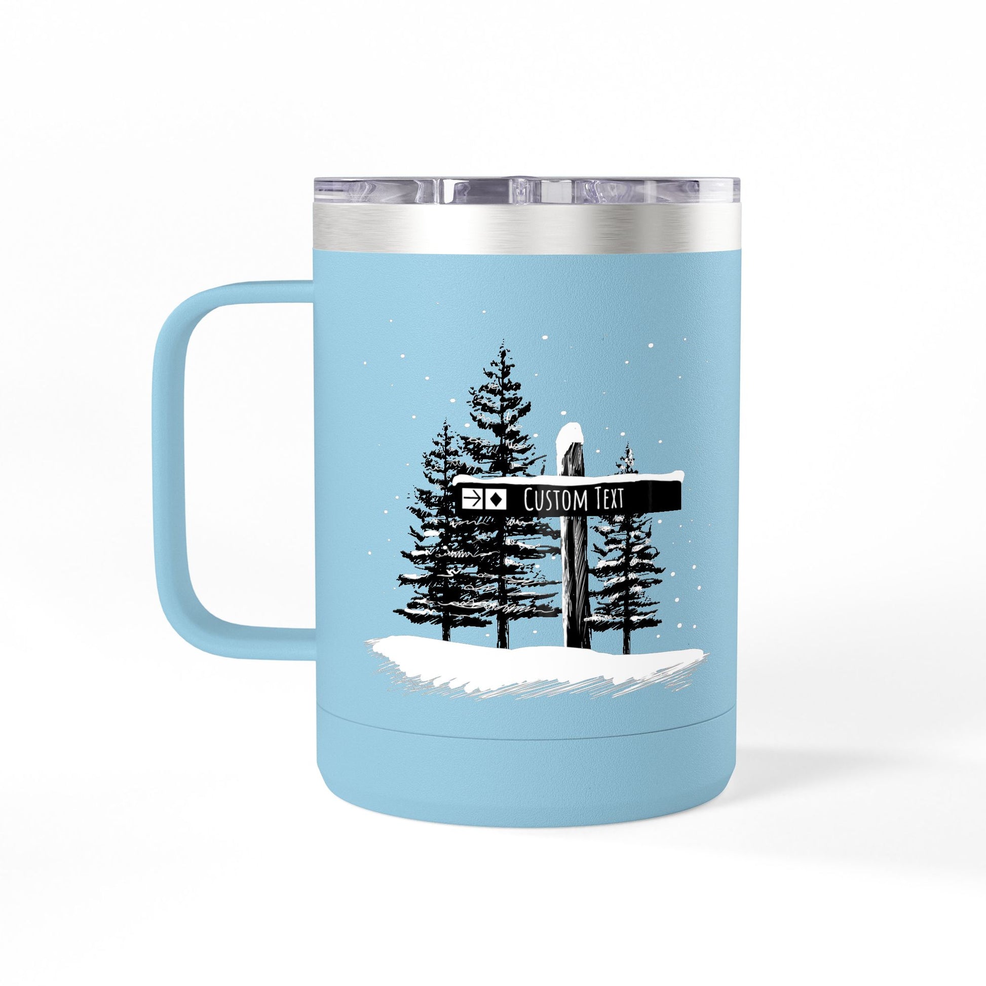 Custom Ski Trail Signpost Commissioned 15oz Tumbler for Skiers and Snowboarders, Original Artwork by Jordan Kempain Expert (Black Diamond) Light Blue | Kempain