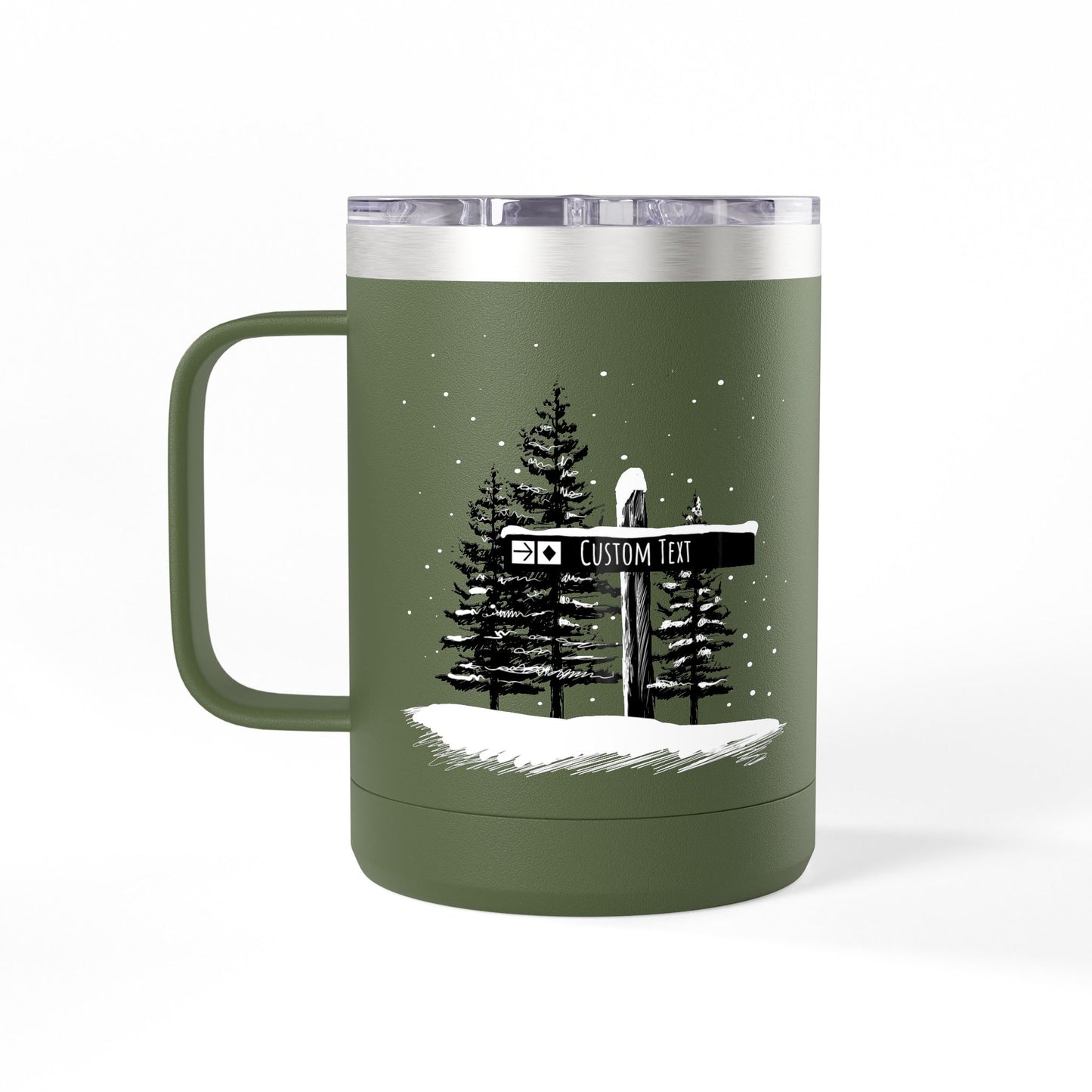 Custom Ski Trail Signpost Commissioned 15oz Tumbler for Skiers and Snowboarders, Original Artwork by Jordan Kempain Expert (Black Diamond) Olive Green | Kempain