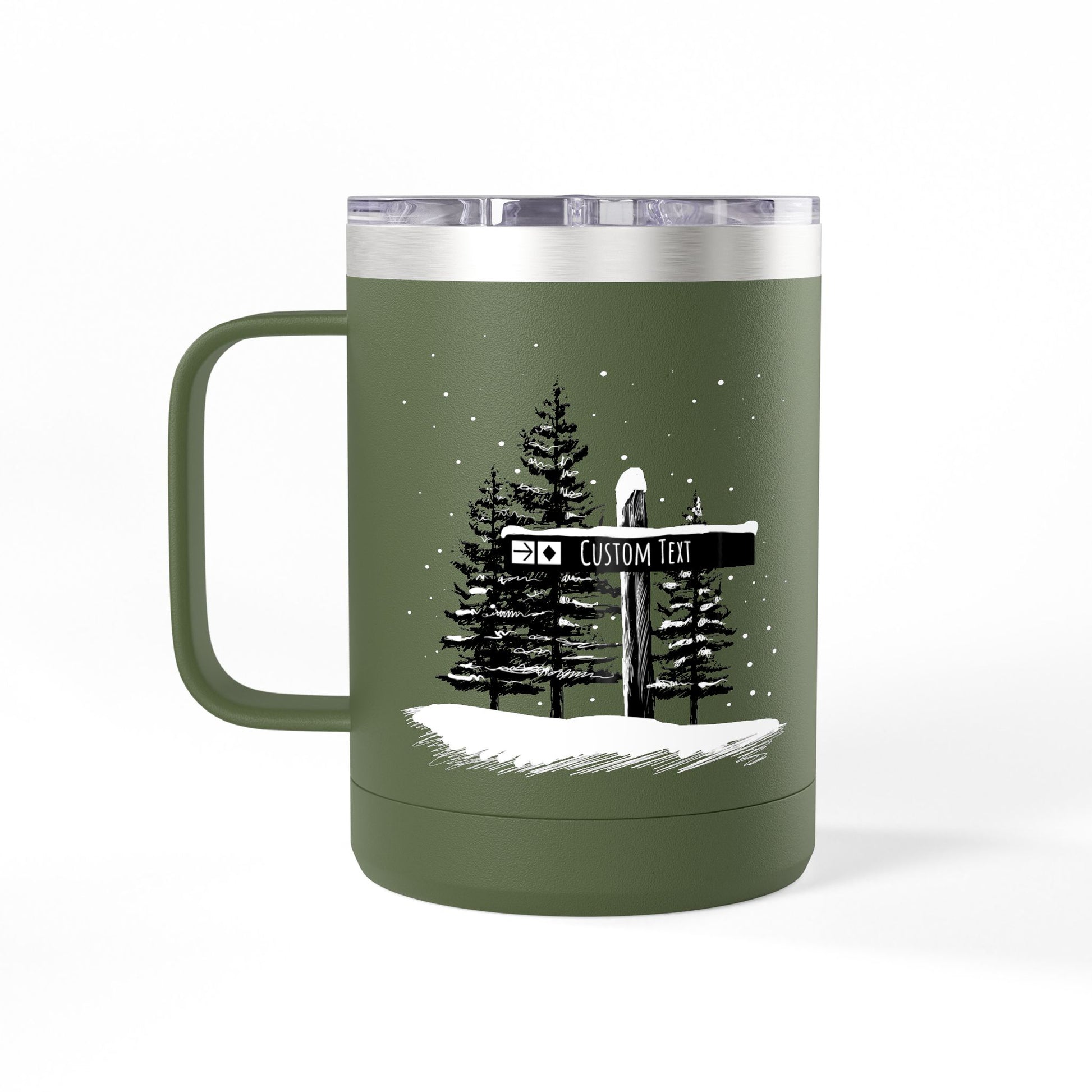 Custom Ski Trail Signpost Commissioned 15oz Tumbler for Skiers and Snowboarders, Original Artwork by Jordan Kempain Expert (Black Diamond) Olive Green | Kempain