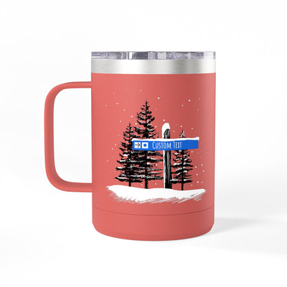 Custom Ski Trail Signpost Commissioned 15oz Tumbler for Skiers and Snowboarders, Original Artwork by Jordan Kempain Intermediate (Blue Square) Coral | Kempain