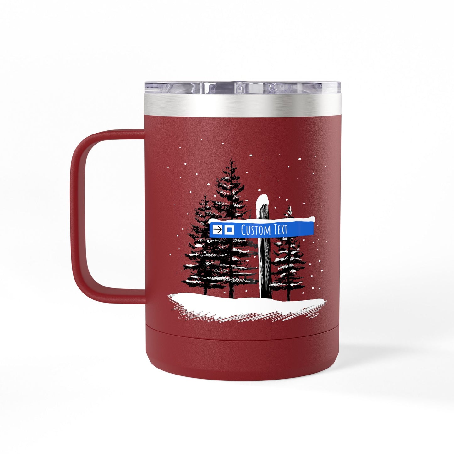 Custom Ski Trail Signpost Commissioned 15oz Tumbler for Skiers and Snowboarders, Original Artwork by Jordan Kempain Intermediate (Blue Square) Maroon | Kempain