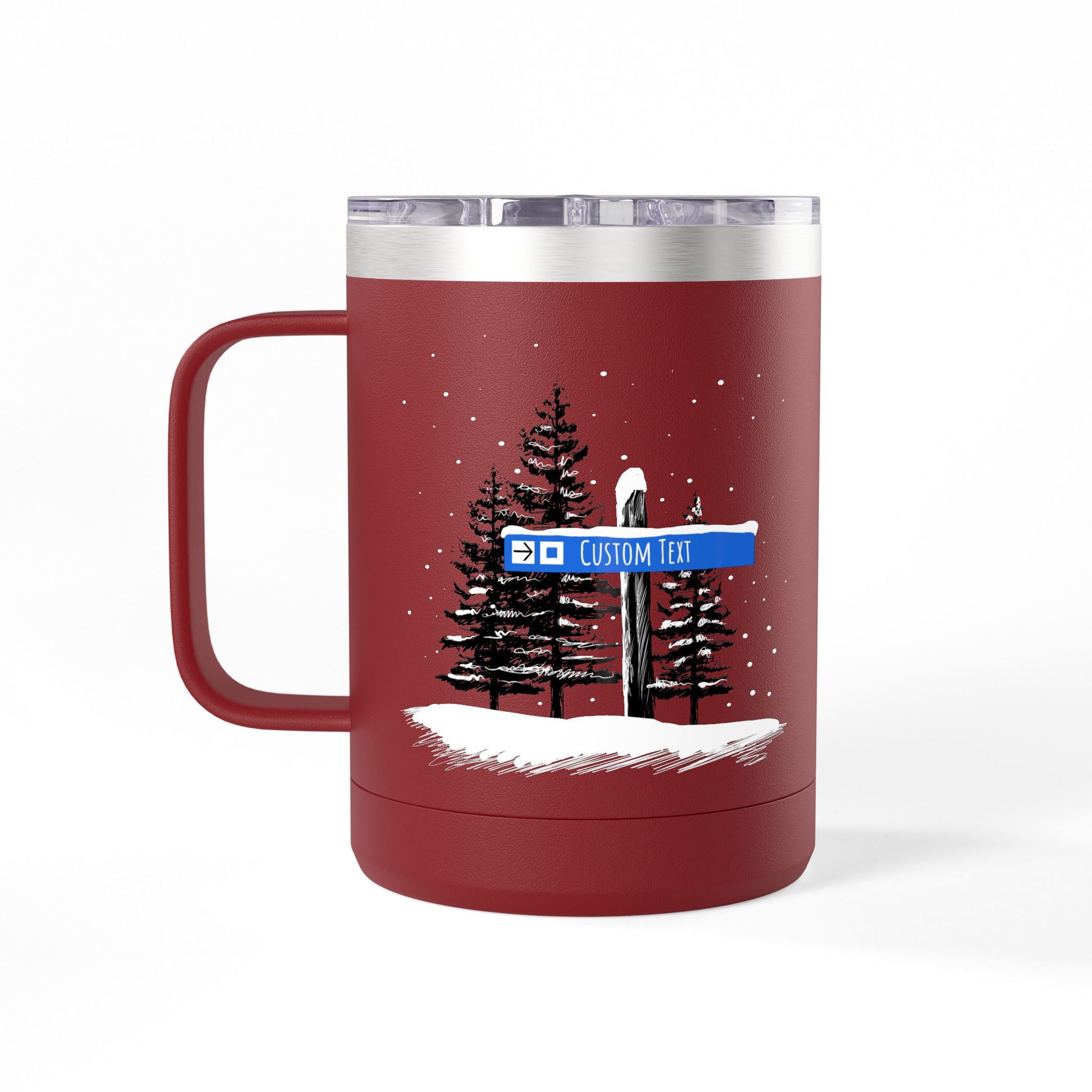 Custom Ski Trail Signpost Commissioned 15oz Tumbler for Skiers and Snowboarders, Original Artwork by Jordan Kempain Intermediate (Blue Square) Maroon | Kempain