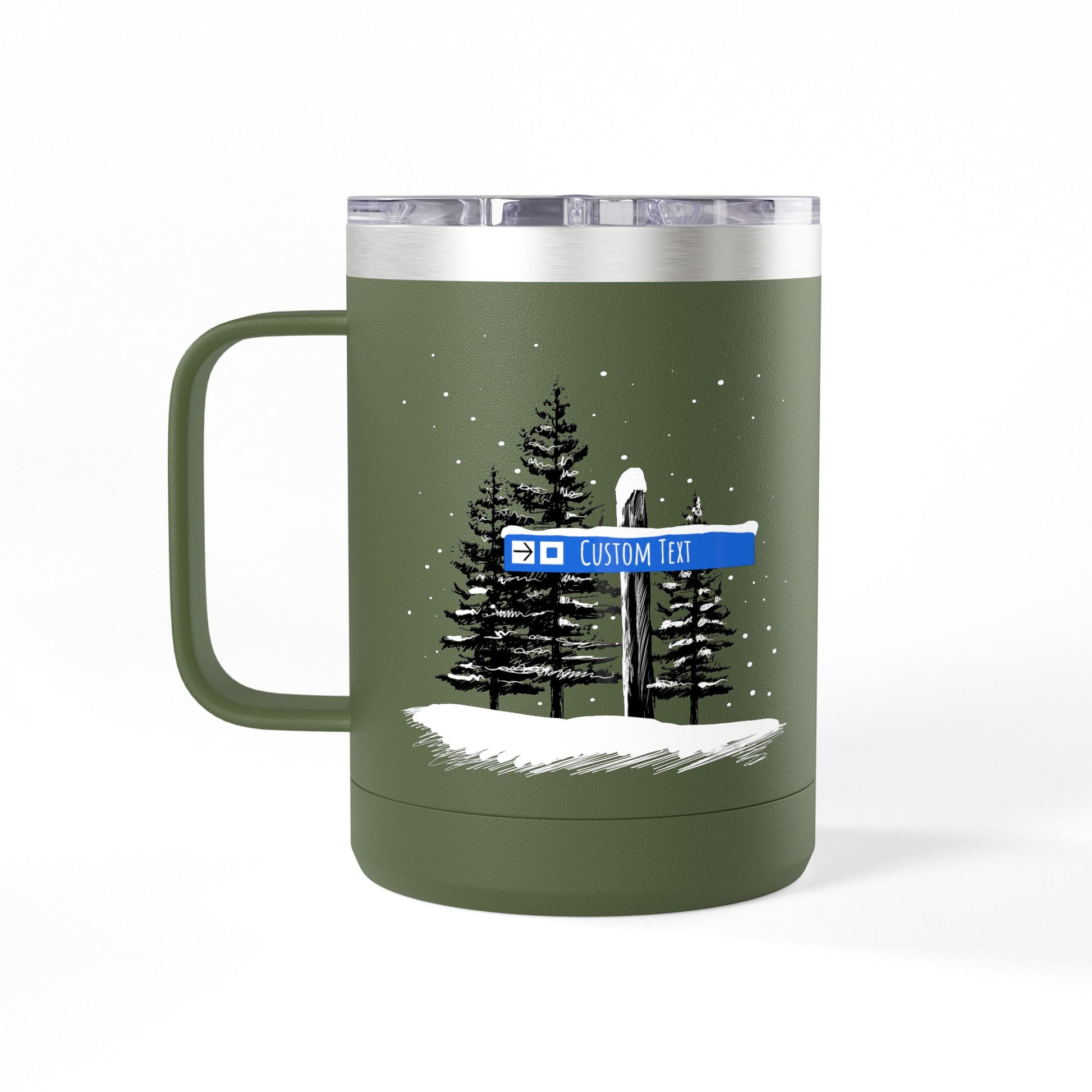 Custom Ski Trail Signpost Commissioned 15oz Tumbler for Skiers and Snowboarders, Original Artwork by Jordan Kempain Intermediate (Blue Square) Olive Green | Kempain