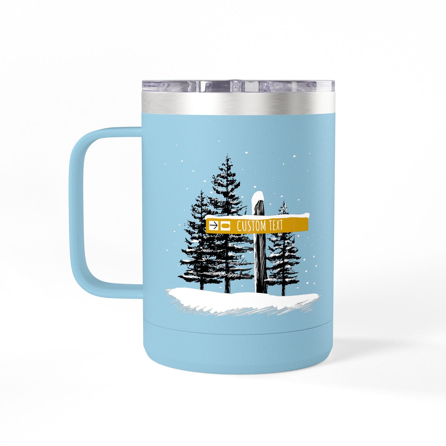 Custom Ski Trail Signpost Commissioned 15oz Tumbler for Skiers and Snowboarders, Original Artwork by Jordan Kempain Terrain Park Light Blue | Kempain