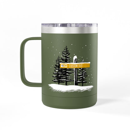 Custom Ski Trail Signpost Commissioned 15oz Tumbler for Skiers and Snowboarders, Original Artwork by Jordan Kempain Terrain Park Olive Green | Kempain
