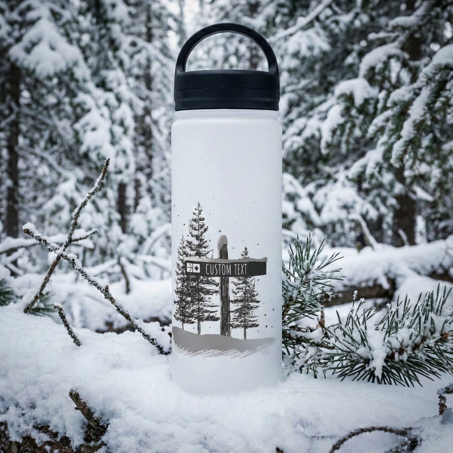 Custom Black Diamond Ski Trail Signpost Commissioned Water Bottle for Skiers and Snowboarders, Original Artwork by Jordan Kempain photographed in winter mountain scene.