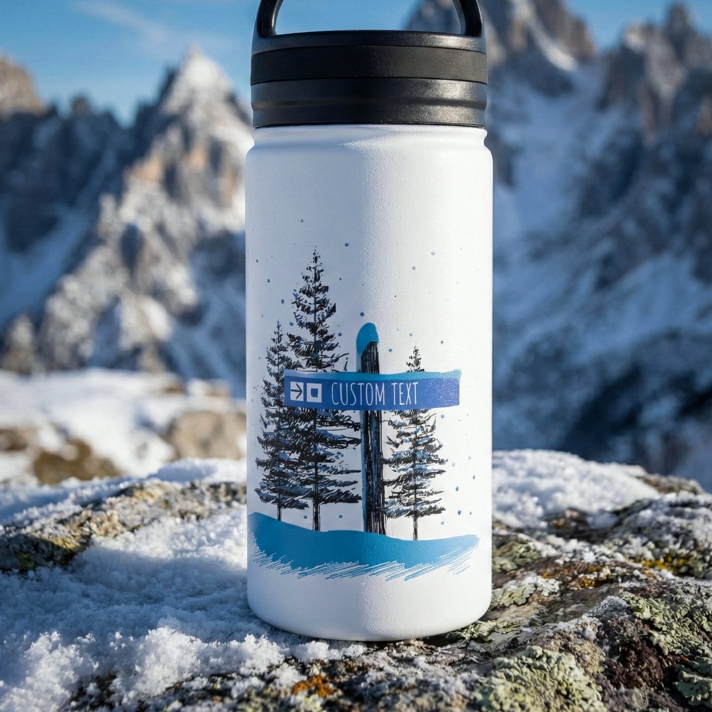 Custom Blue Trail Ski Trail Signpost Commissioned Water Bottle for Skiers and Snowboarders, Original Artwork by Jordan Kempain photographed in winter mountain scene.