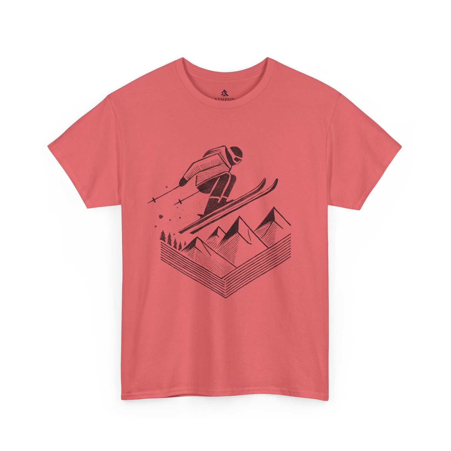 The Skier’s Drop 100 percent cotton Women’s T-Shirt by Kempain, Coral Silk, available in sizes Small through 5XL.