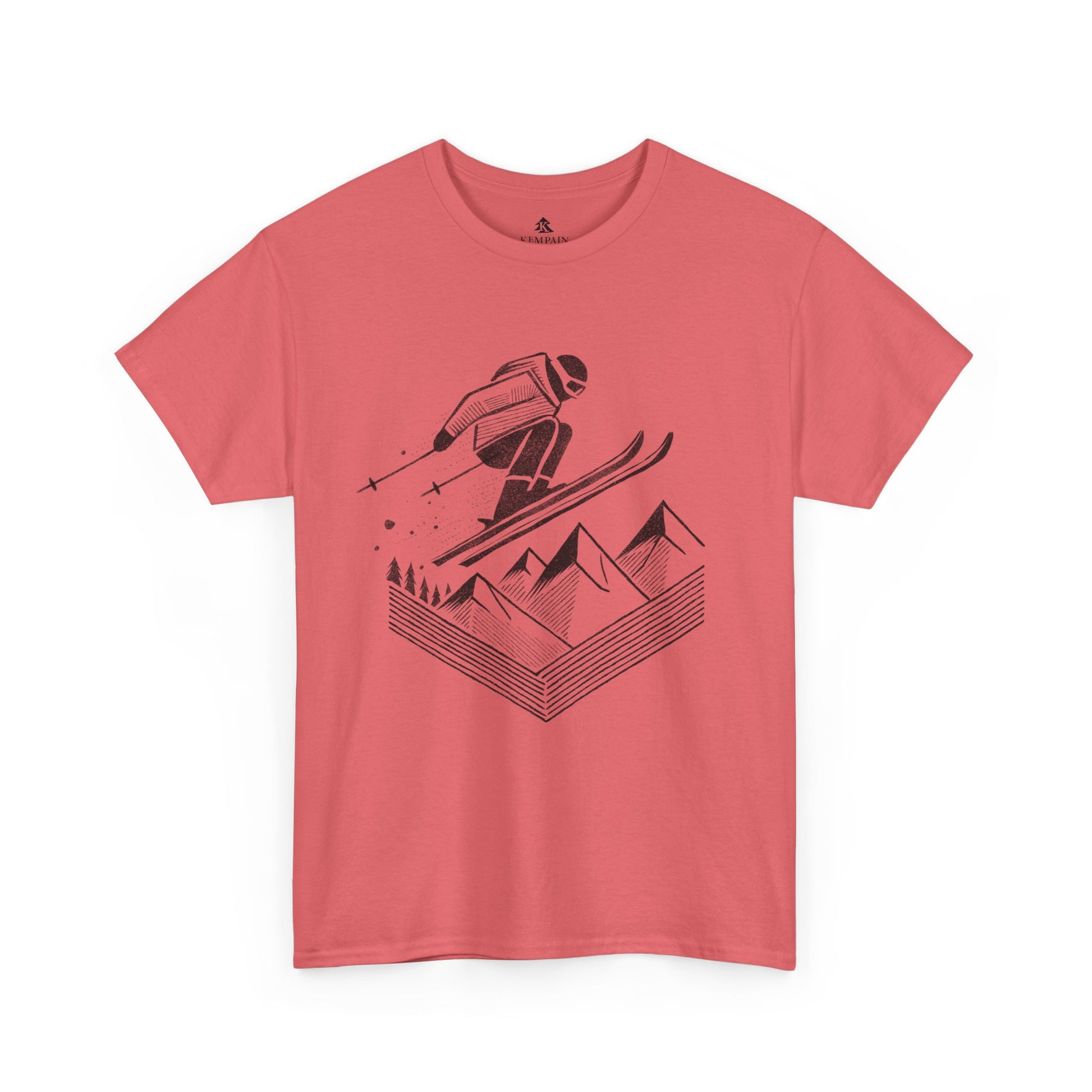 The Skier’s Drop 100 percent cotton Women’s T-Shirt by Kempain, Coral Silk, available in sizes Small through 5XL.