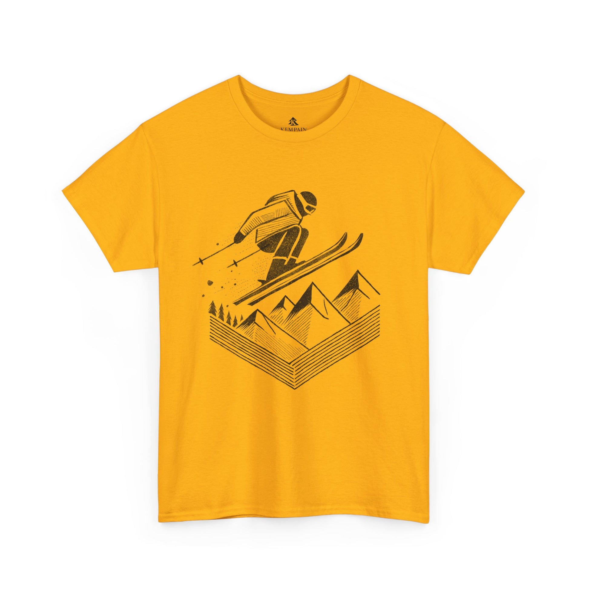 The Skier’s Drop 100 percent cotton Women’s T-Shirt by Kempain, Gold, available in sizes Small through 5XL.