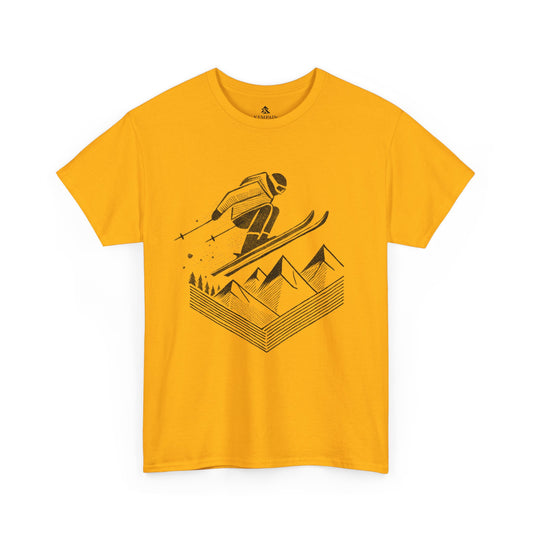 The Skier’s Drop 100 percent cotton Women’s T-Shirt by Kempain, Gold, available in sizes Small through 5XL.